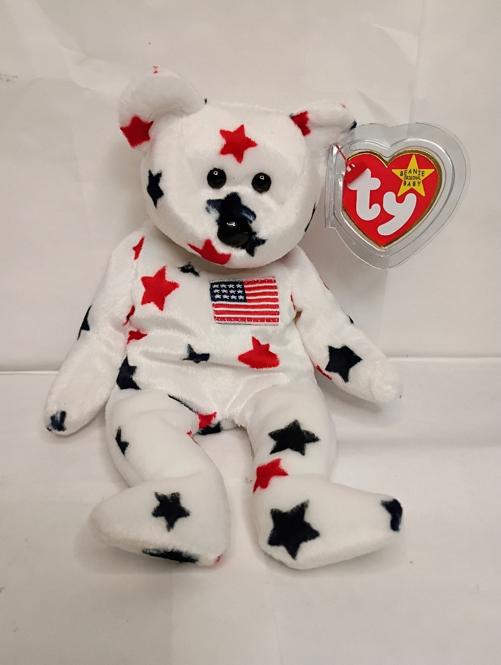 Ty Patriotic Star Beanie Baby Bear - White with Red & Navy Stars